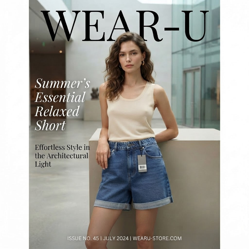 Mid-Wash Blue Denim High-Rise Shorts with Cuffed Hem