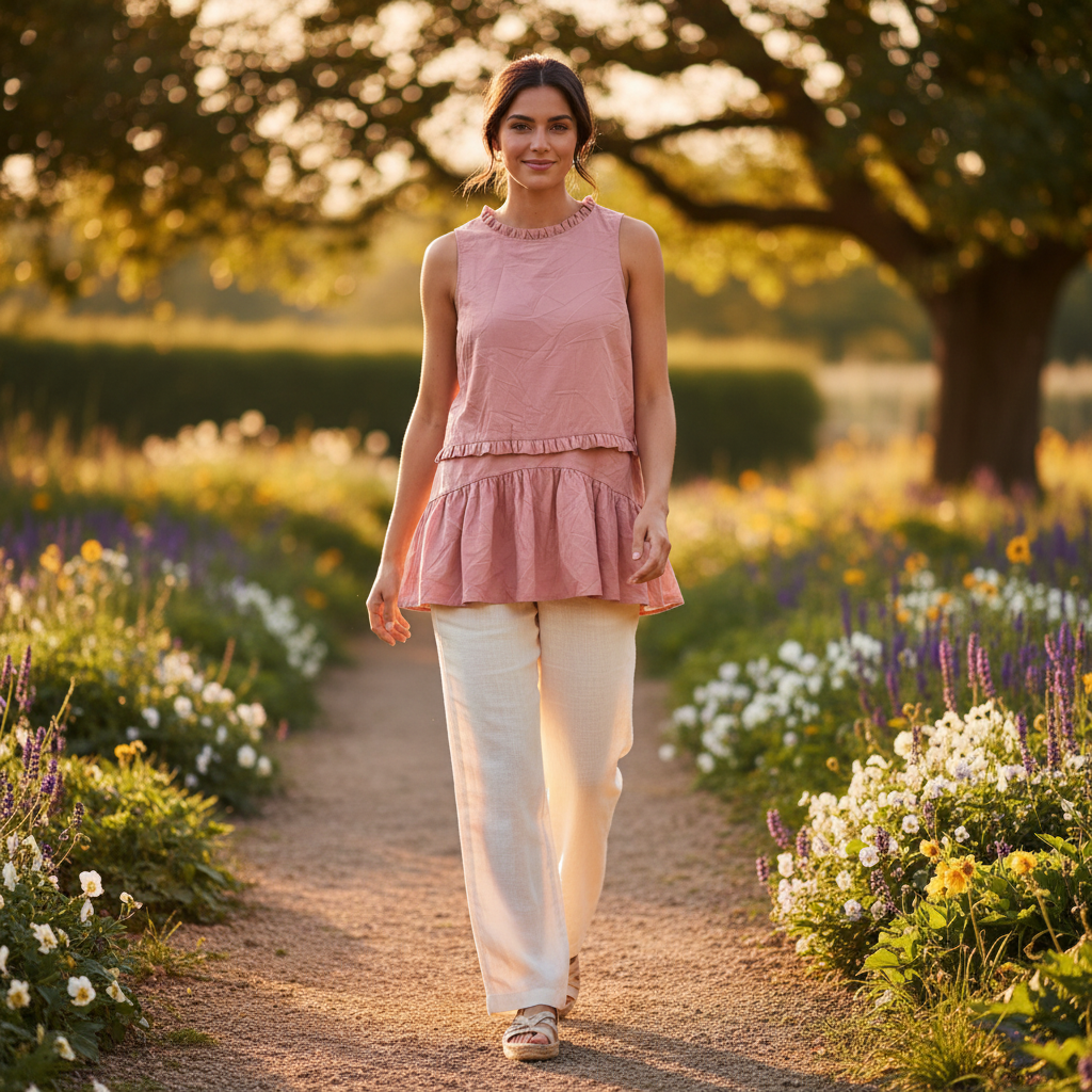 Women's Pink Ruffle Trim Sleeveless Top and Shorts Set