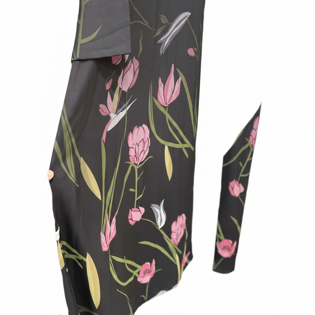 S D N L I N E Women's Black Floral Open-Front Long Abaya