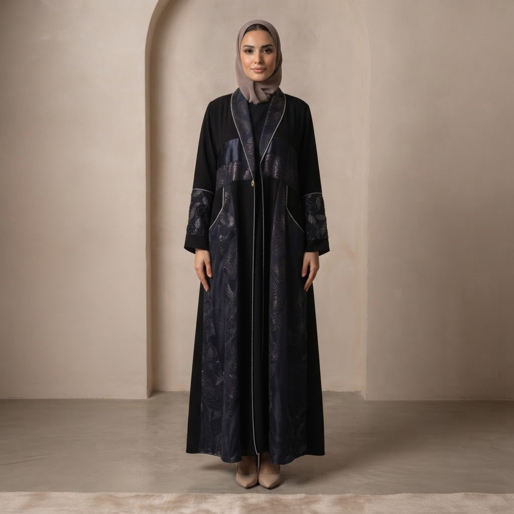 Black Embellished Long-Sleeve Formal Abaya Dress