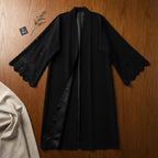 Private Black Embroidered Open-Front Abaya with Scalloped Sl