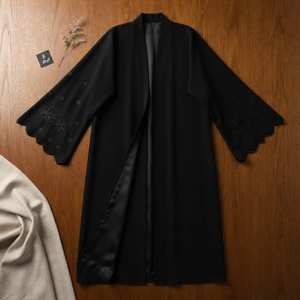 Private Black Embroidered Open-Front Abaya with Scalloped Sl