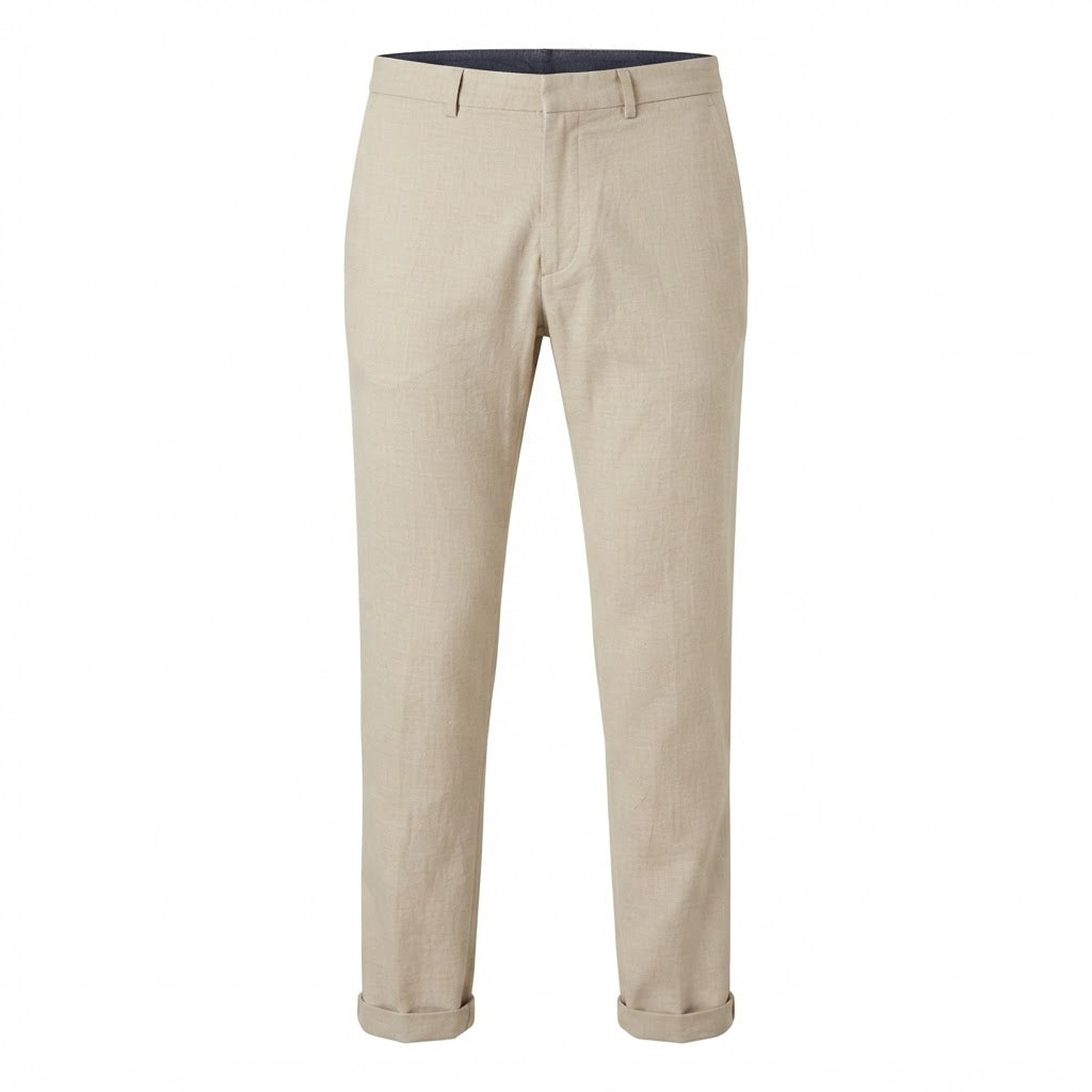 Men's Beige Tailored Straight-Leg Linen Blend Trousers