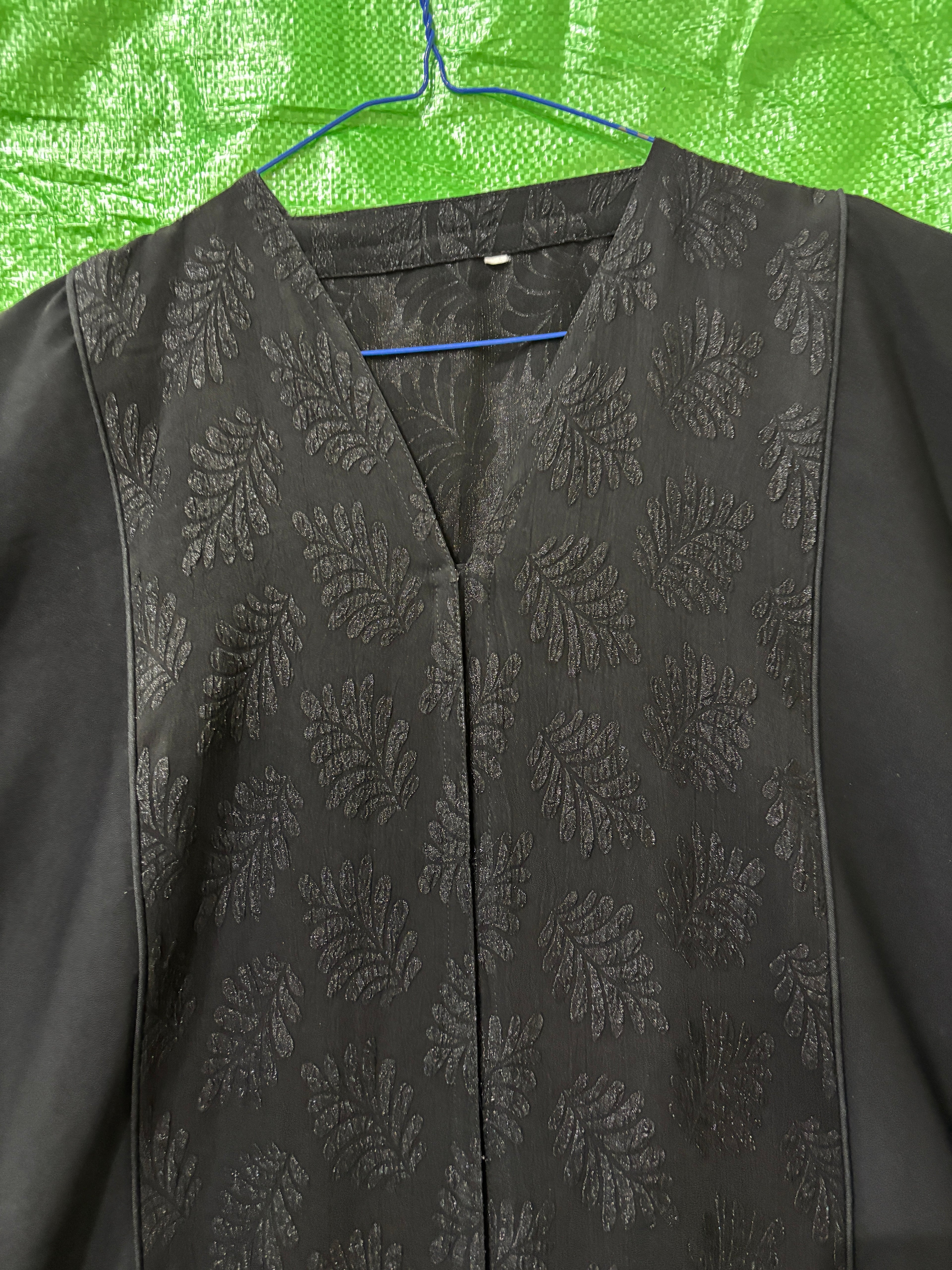 Black Botanical Jacquard Panel Men's Long Kurta