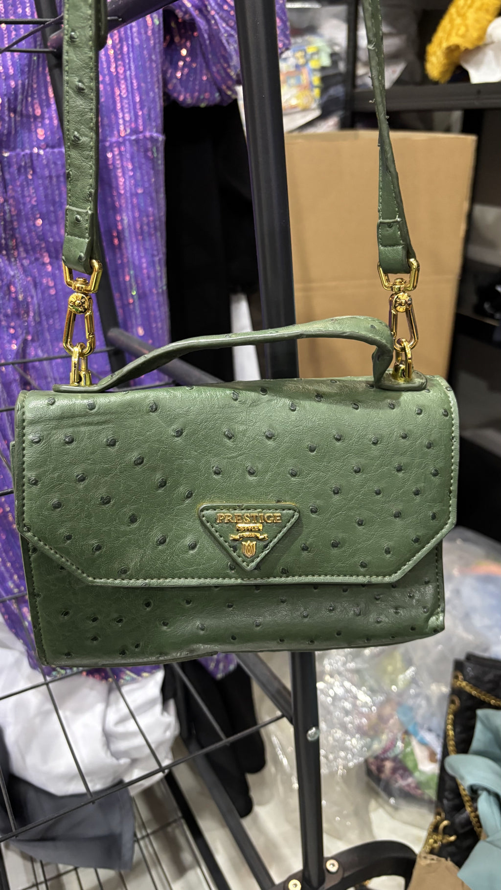 Forest Green Ostrich-Effect Crossbody Bag