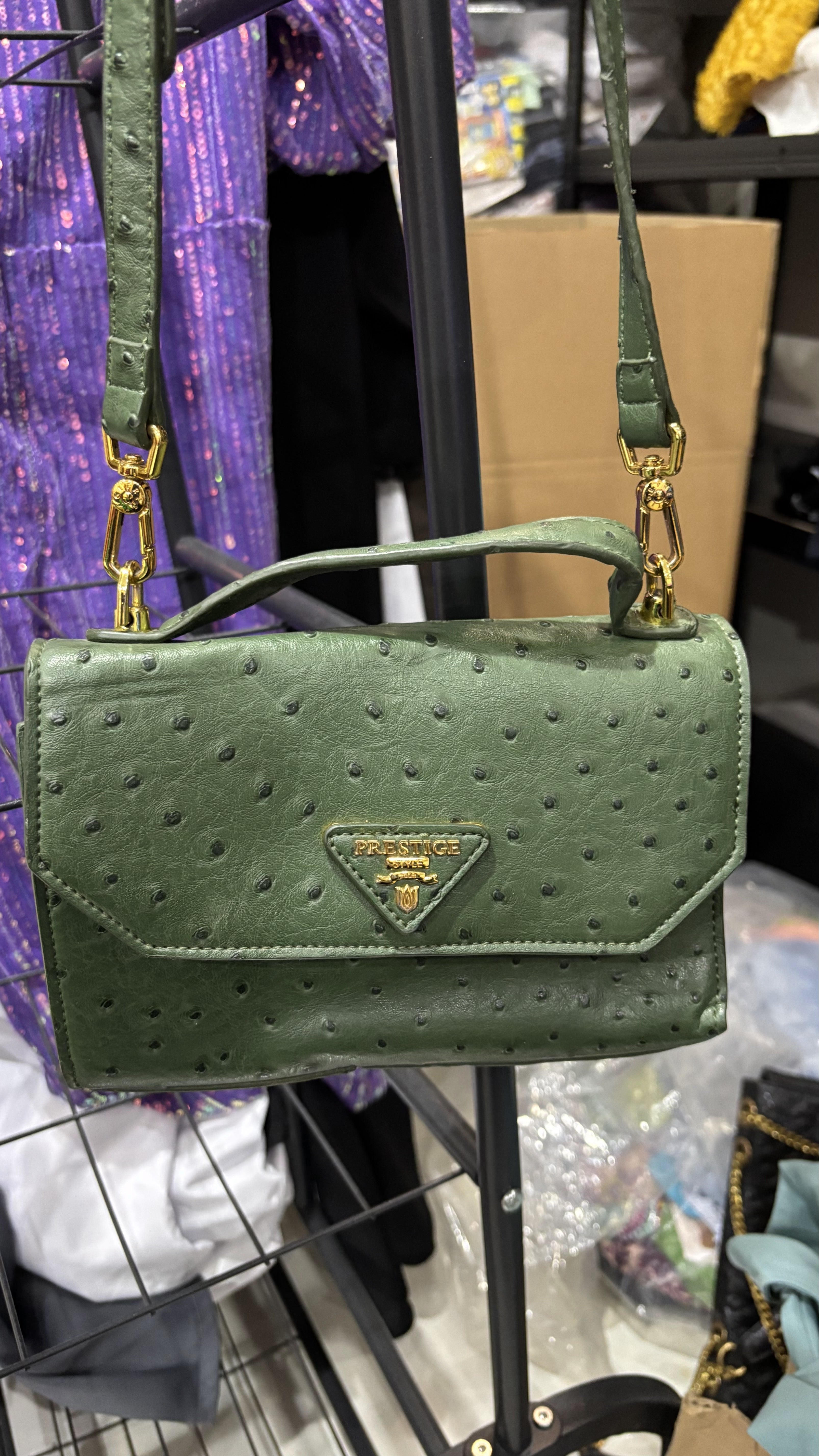 Forest Green Ostrich-Effect Crossbody Bag