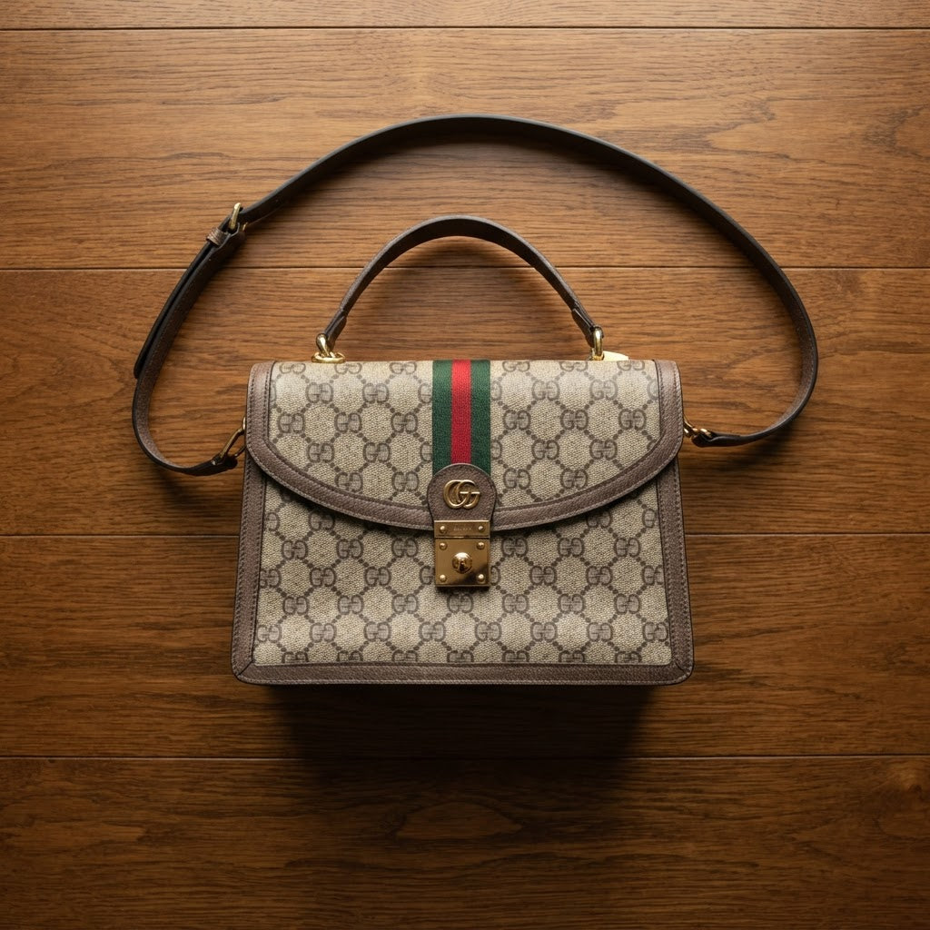 GUCCI Monogram Canvas Top Handle Bag with Web Stripe