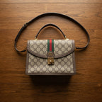 GUCCI Monogram Canvas Top Handle Bag with Web Stripe