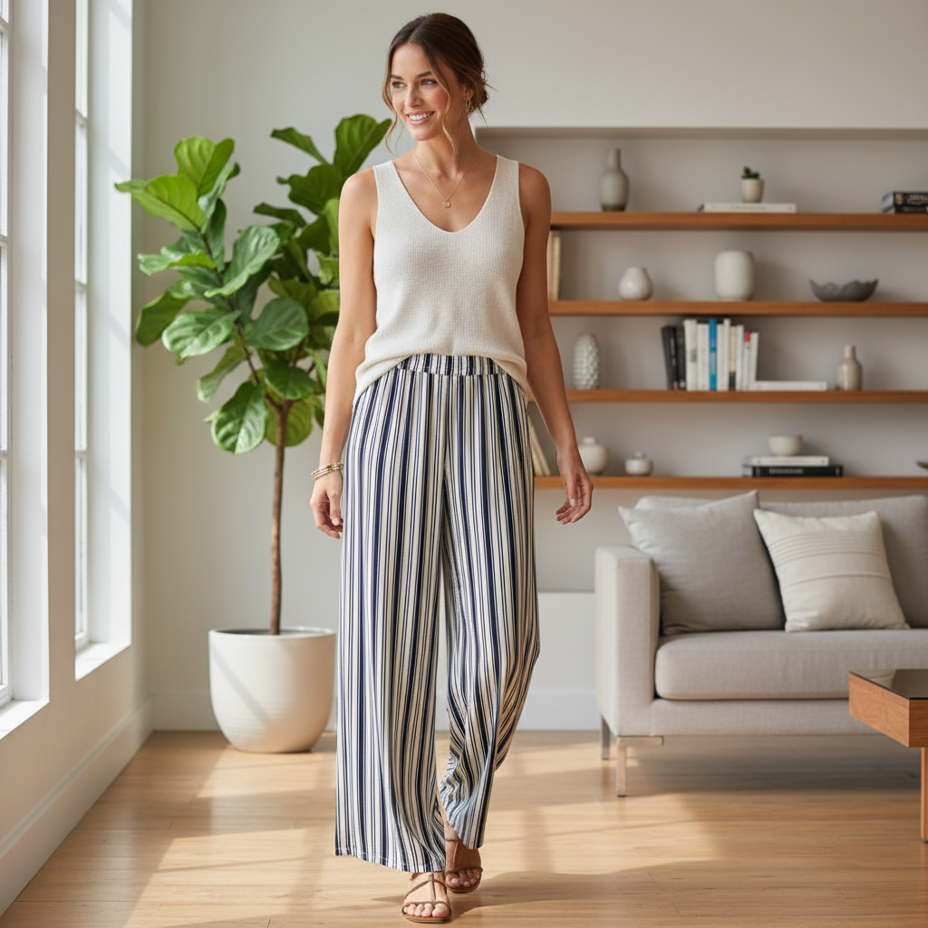 Bershka_ Women's Navy and White Striped Wide Leg Trousers