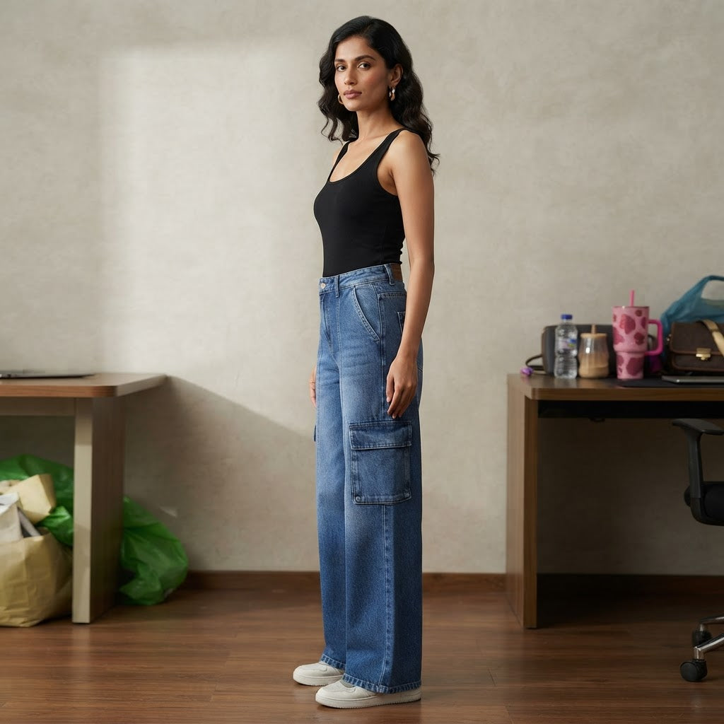 Splash Splash Medium Blue Wide-Leg Cargo Jeans with Front Se