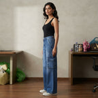Splash Splash Medium Blue Wide-Leg Cargo Jeans with Front Se