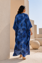 Women's Blue Floral Marbled Satin Ankle-Length Kaftan