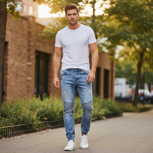 Conner's Men's Light Blue Distressed Paneled Denim Joggers