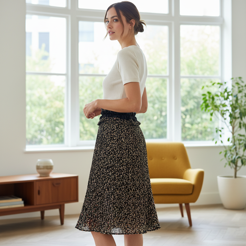 Women's Black Floral Pleated Midi Skirt