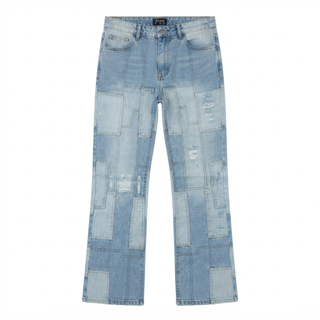 boohooMAN boohooMAN Light Wash Patchwork Distressed Straight