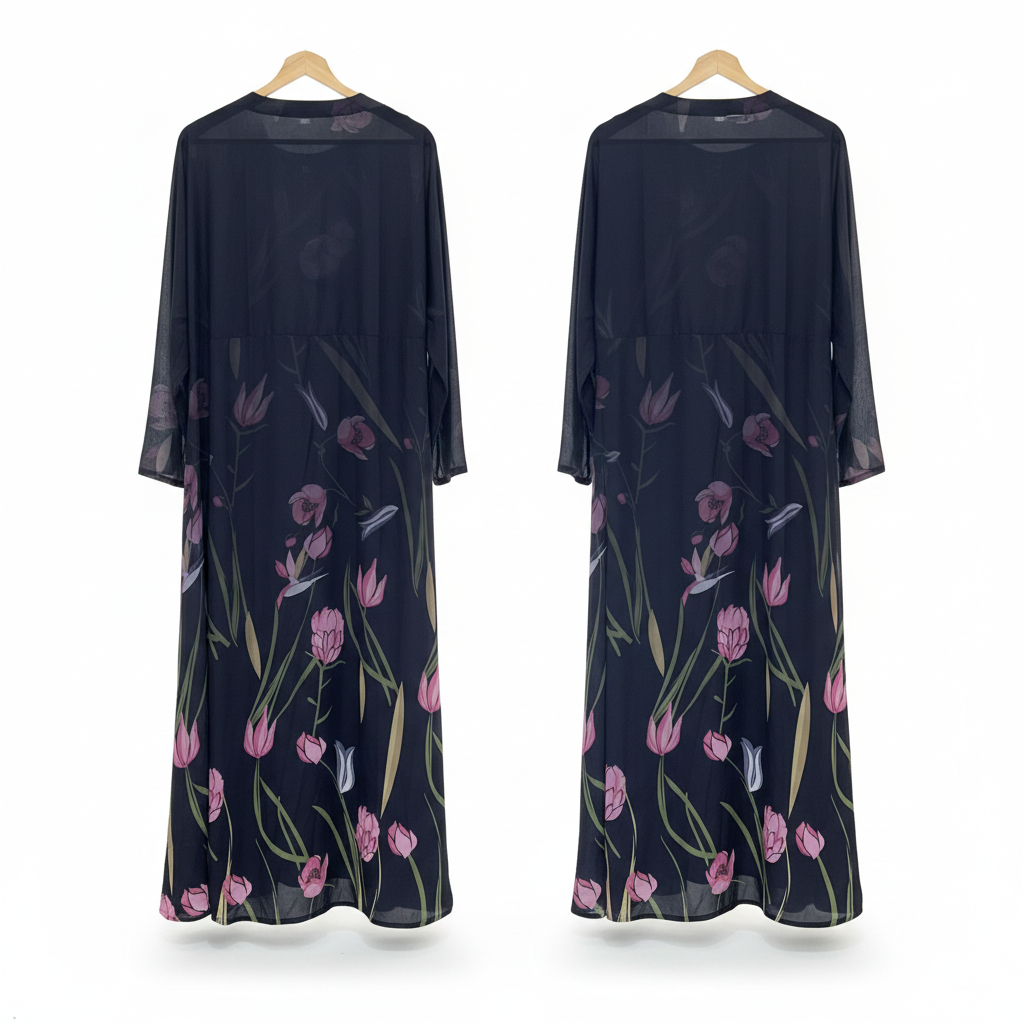 S D N L I N E Women's Black Floral Open-Front Long Abaya