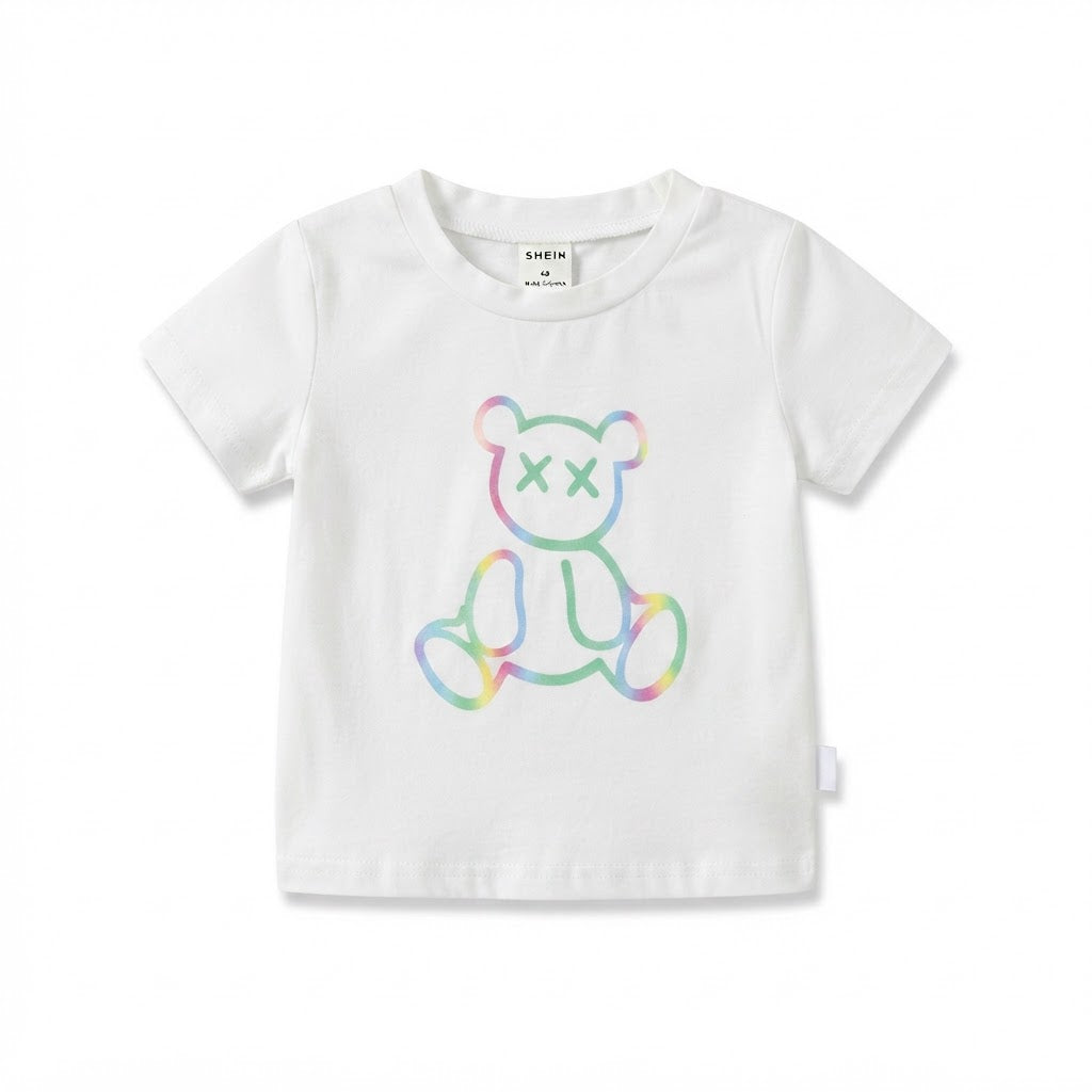 SHEIN White Infant T-Shirt with Rainbow Outline Bear Graphic