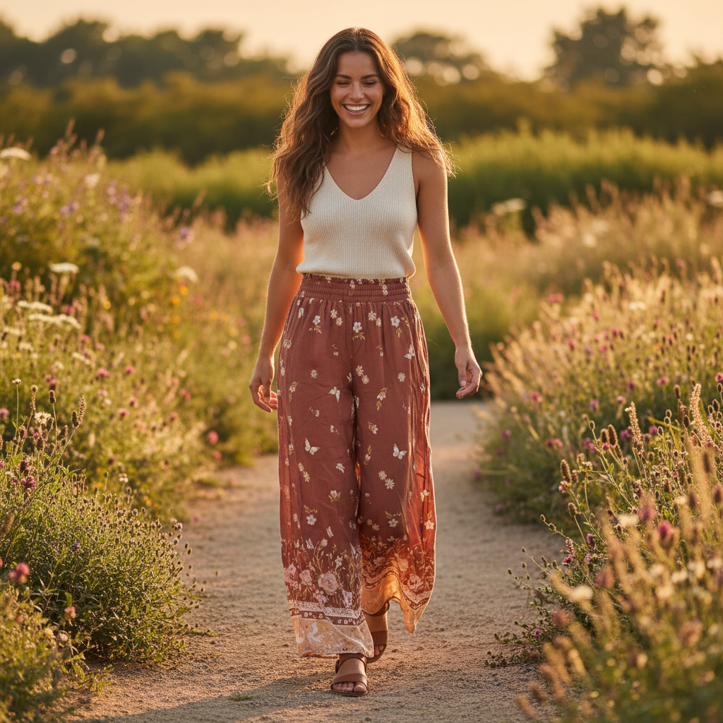 Vine Apparel Rust Floral Boho Wide Leg Palazzo Pants Size 10