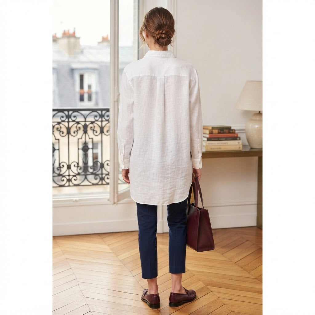 Women's White Relaxed Fit Long Sleeve Linen Shirt