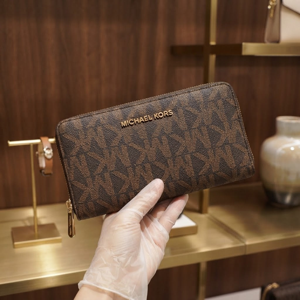 [WearU Generated:premium_master] Michael Kors Dark Brown Monogram Rectangular Zip-Around Wallet – front view