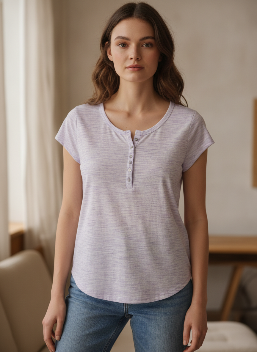 B collection Lavender Space-Dye Henley T-Shirt with Curved H