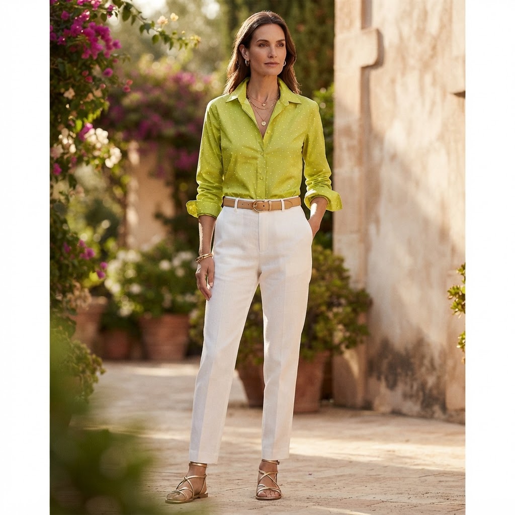 Women's Lime Green Polka Dot Button-Down Shirt