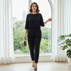 Women's Black Long Sleeve Knit Jumpsuit - Premium Quality