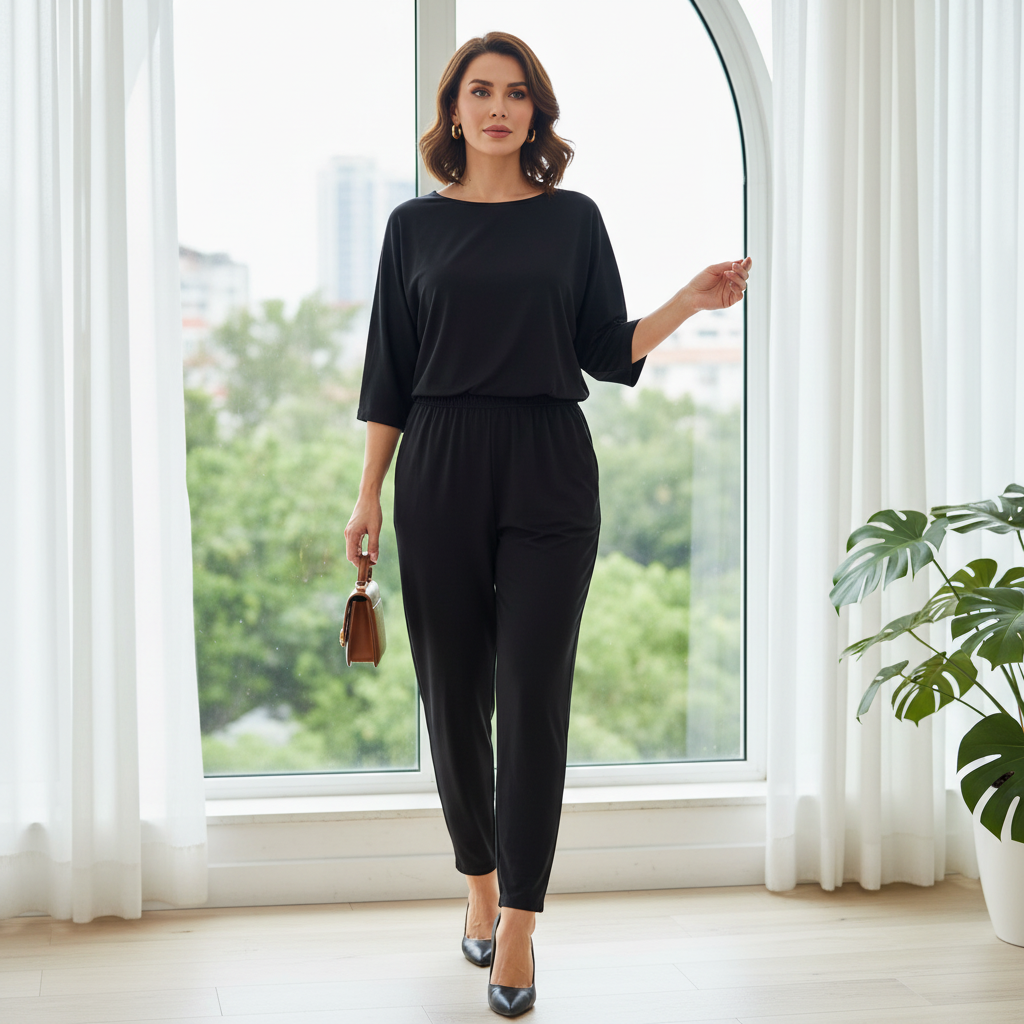 Women's Black Long Sleeve Knit Jumpsuit - Premium Quality