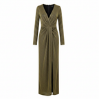 Gold Metallic Long Sleeve V-Neck Maxi Dress with Slit
