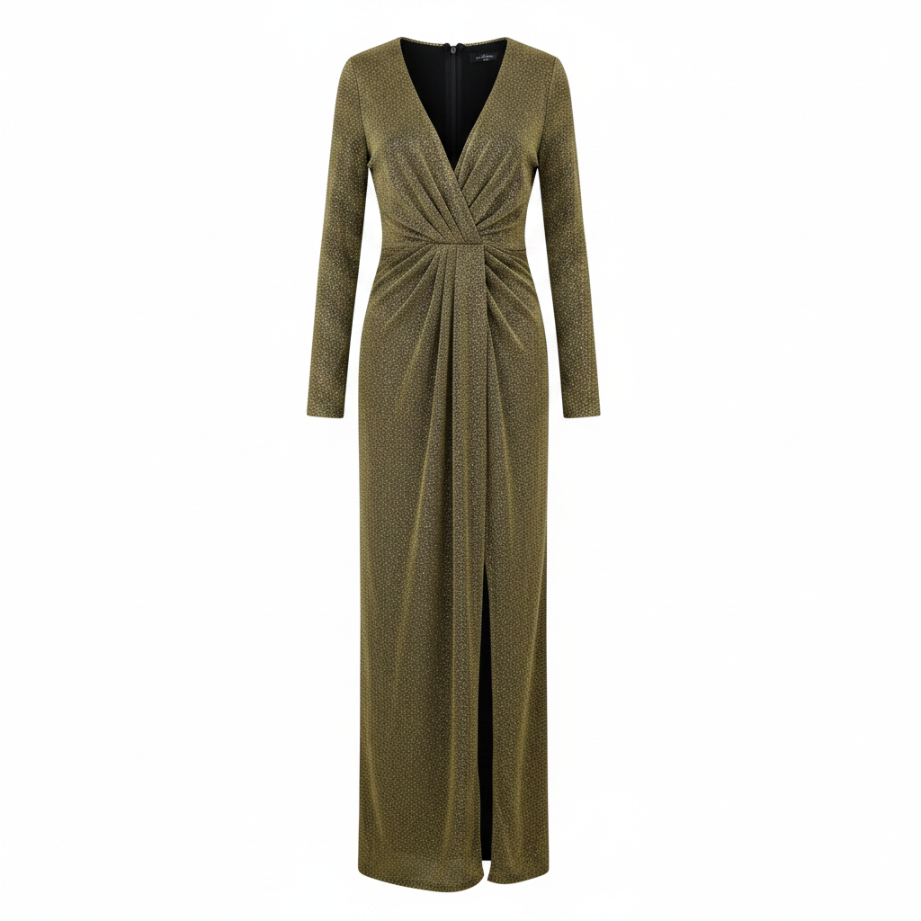 Gold Metallic Long Sleeve V-Neck Maxi Dress with Slit