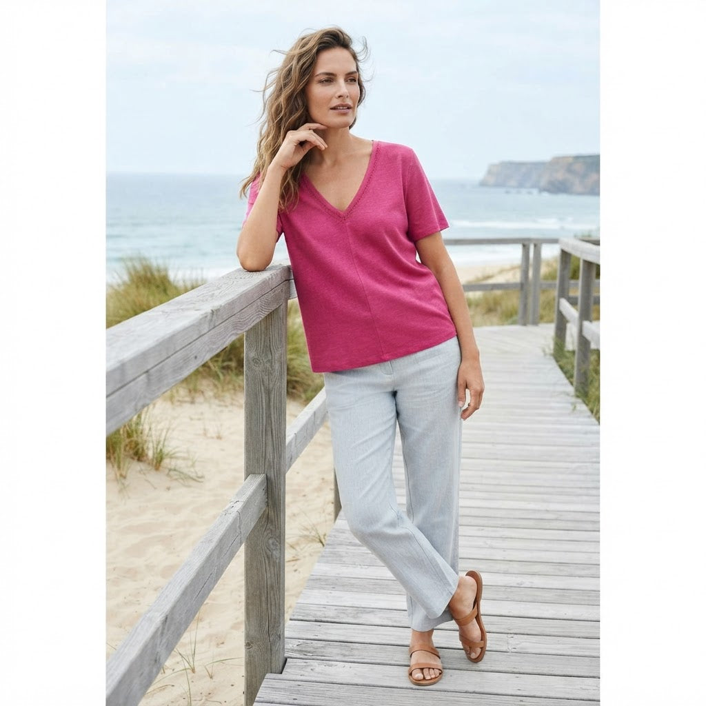 [WearU Generated:premium_master] Cortefiel Fuchsia Linen Blend Straight V-Neck Top – front view