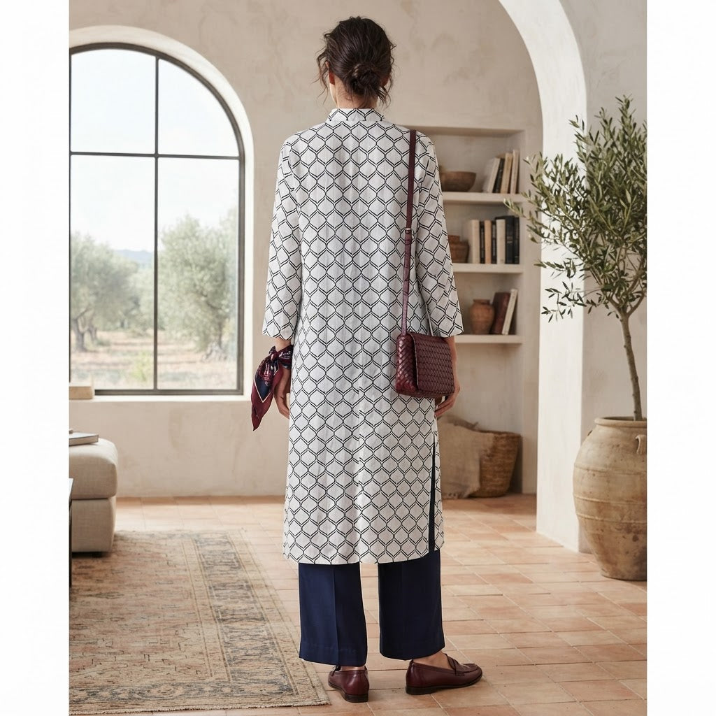 SHEIN Women's White and white Geometric Duster Kimono Abaya