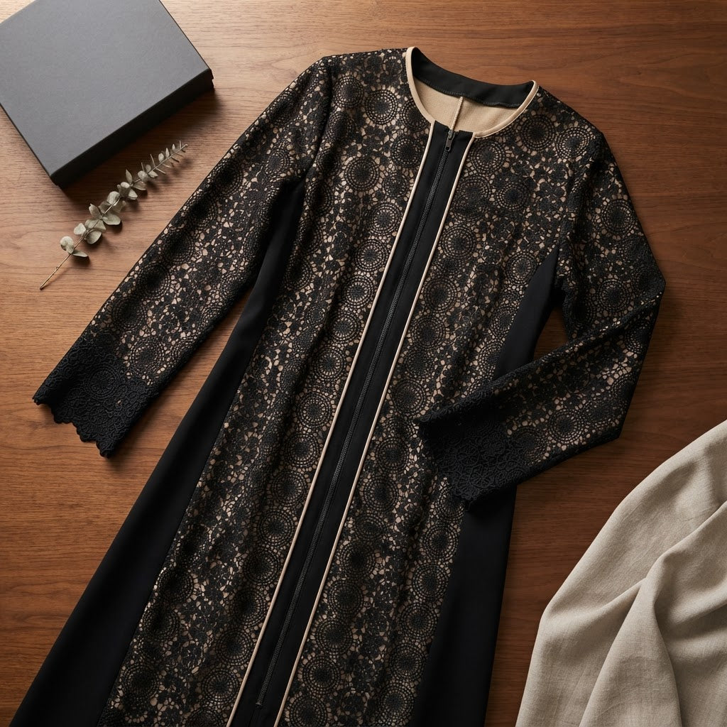 guess Black Guipure Lace Long-Sleeve Ankle Dress with Nude T