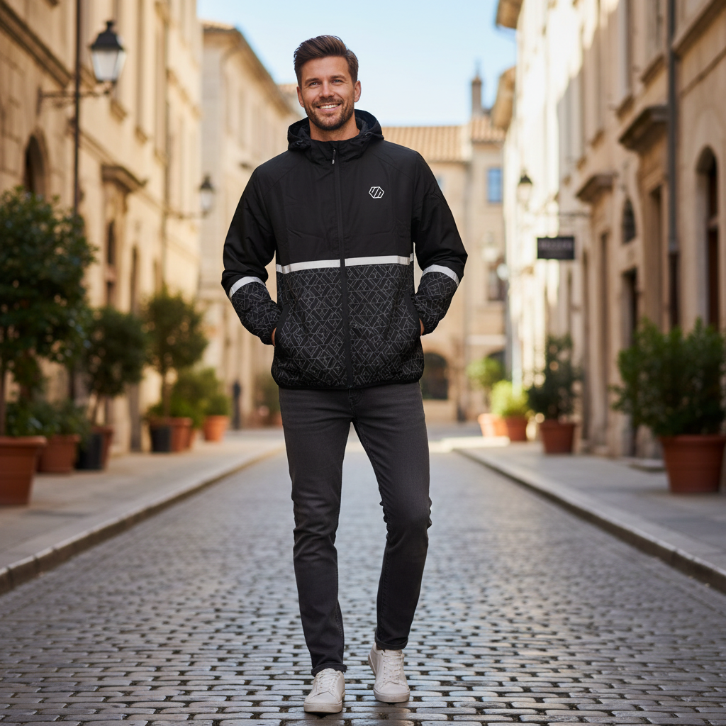 Crivit Men's Black Geometric Hooded Sports Jacket