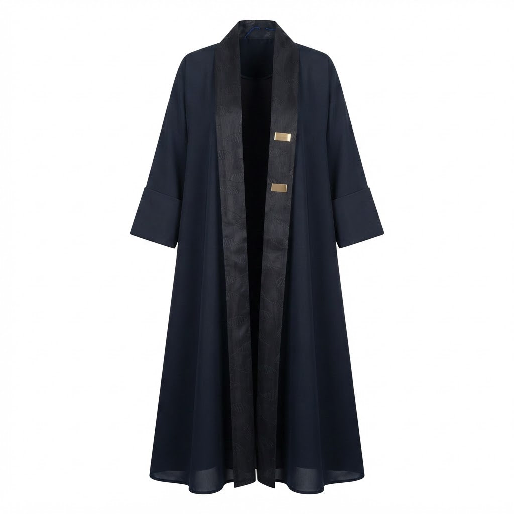 Deep Navy Black Open-Front Abaya with Jacquard Sash
