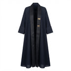 Deep Navy Black Open-Front Abaya with Jacquard Sash