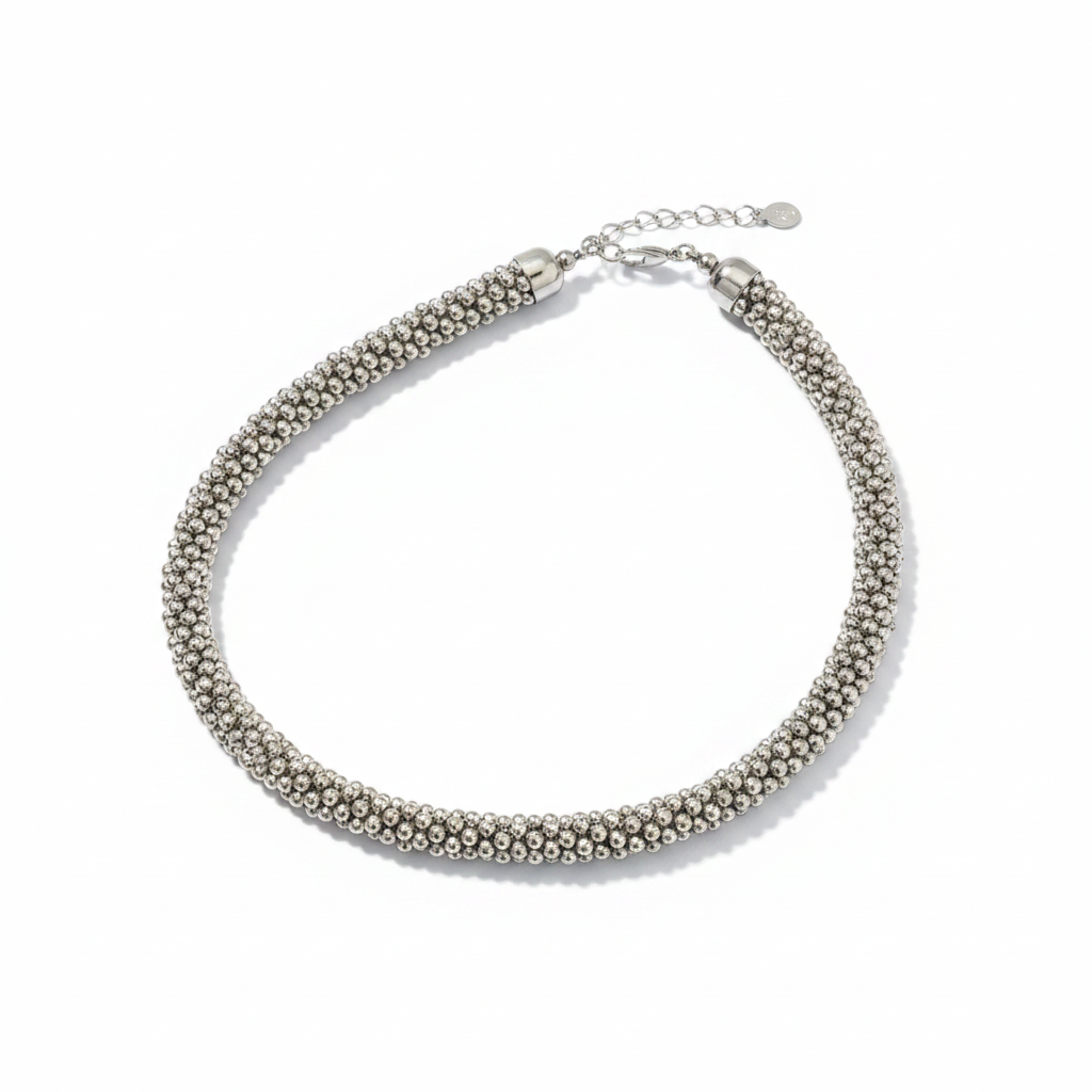 Elegant Silver Beaded Mesh Choker Necklace