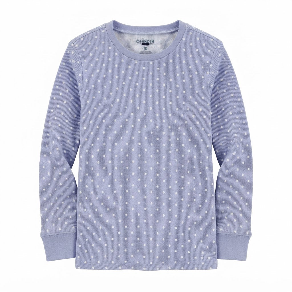 [WearU Generated:merch_ghost] OshKosh Periwinkle Blue Polka Dot Long-Sleeve Crew Neck Top – ghost front view