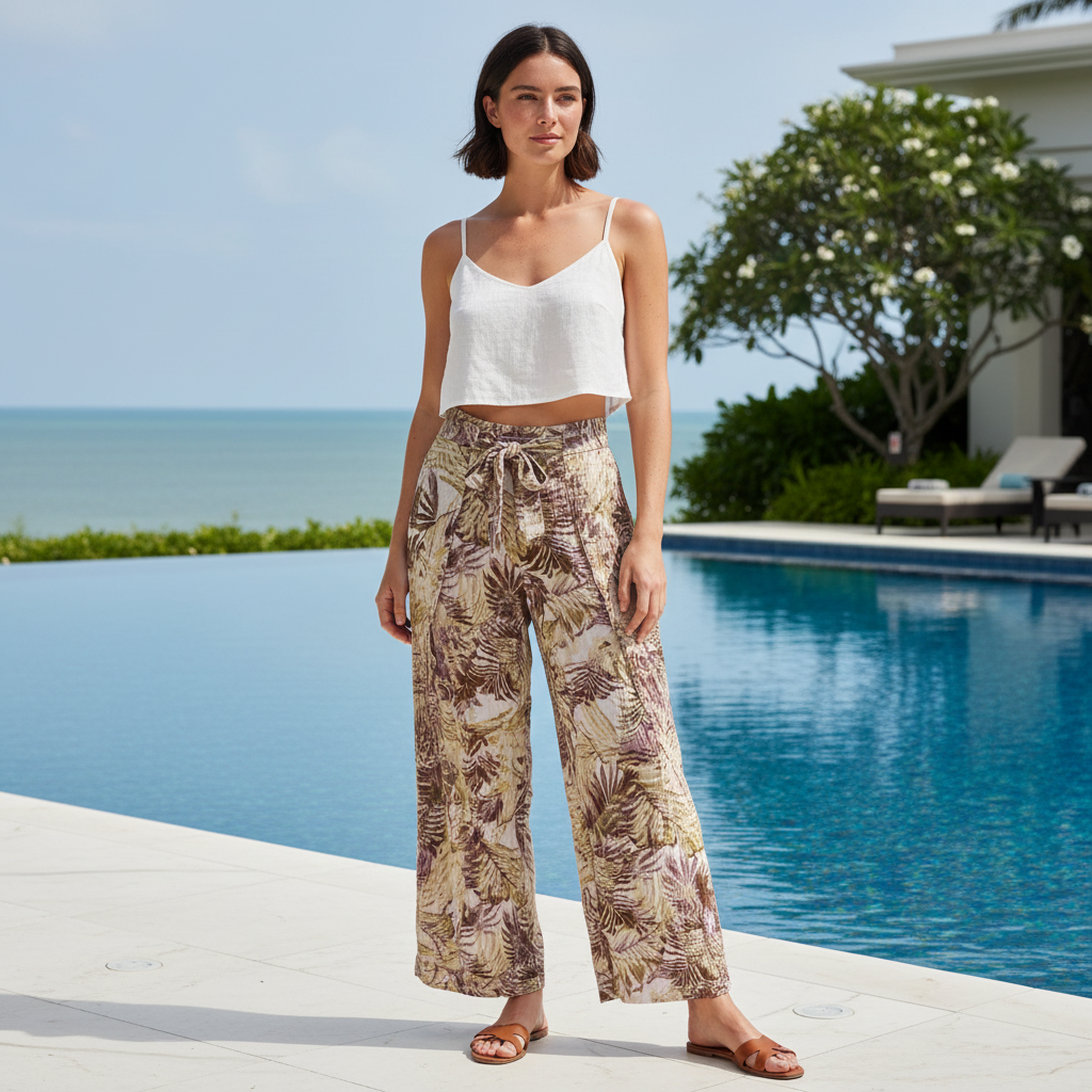 Rockmans Women's Tropical Leaf Print Wide Leg Pants Size 12