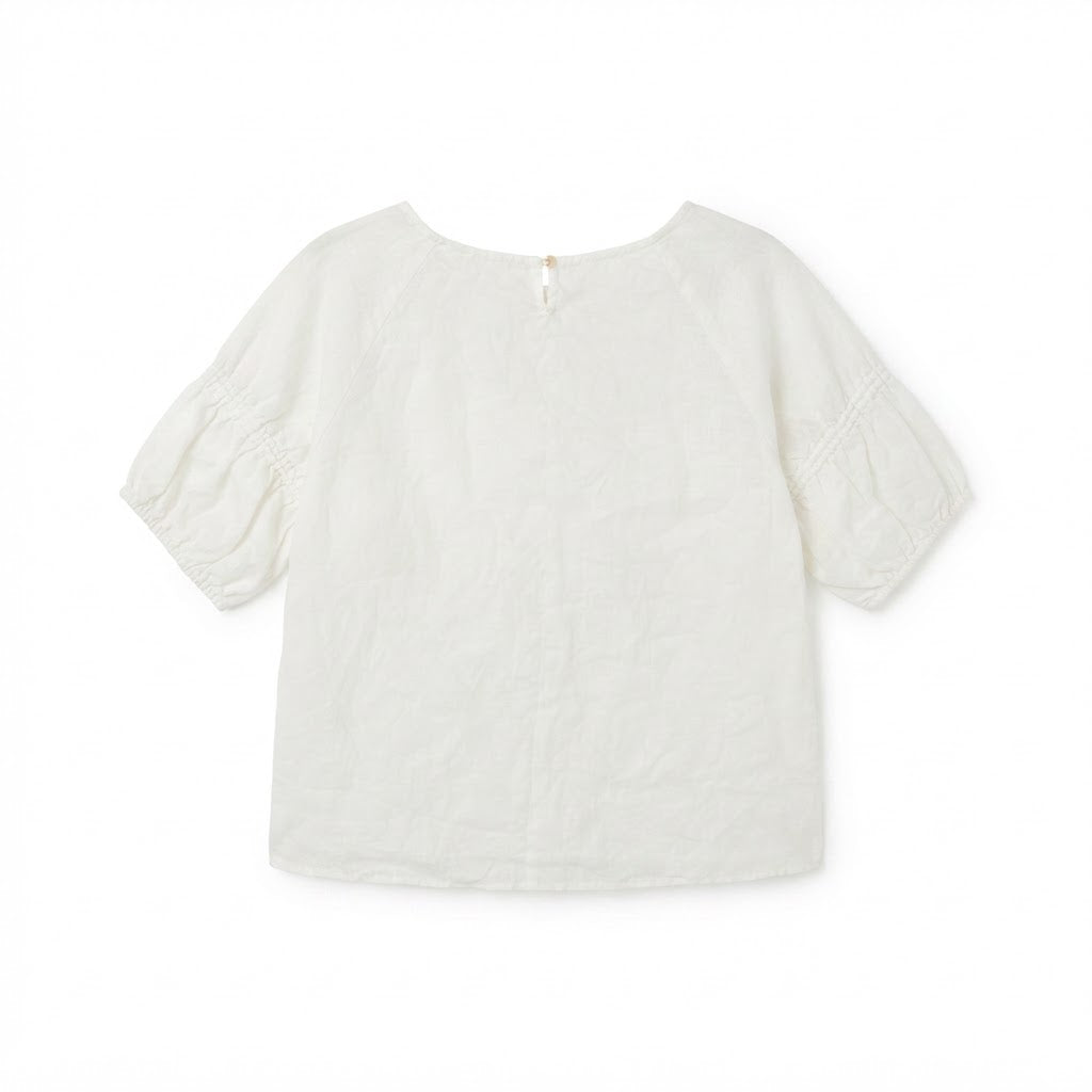 Women's White Ruched Sleeve Linen Blouse