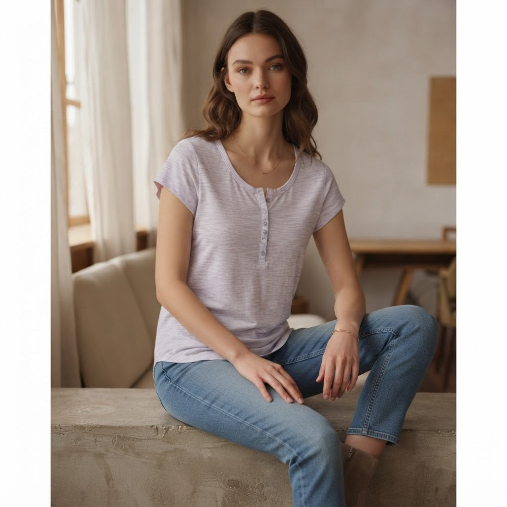 B collection Lavender Space-Dye Henley T-Shirt with Curved H