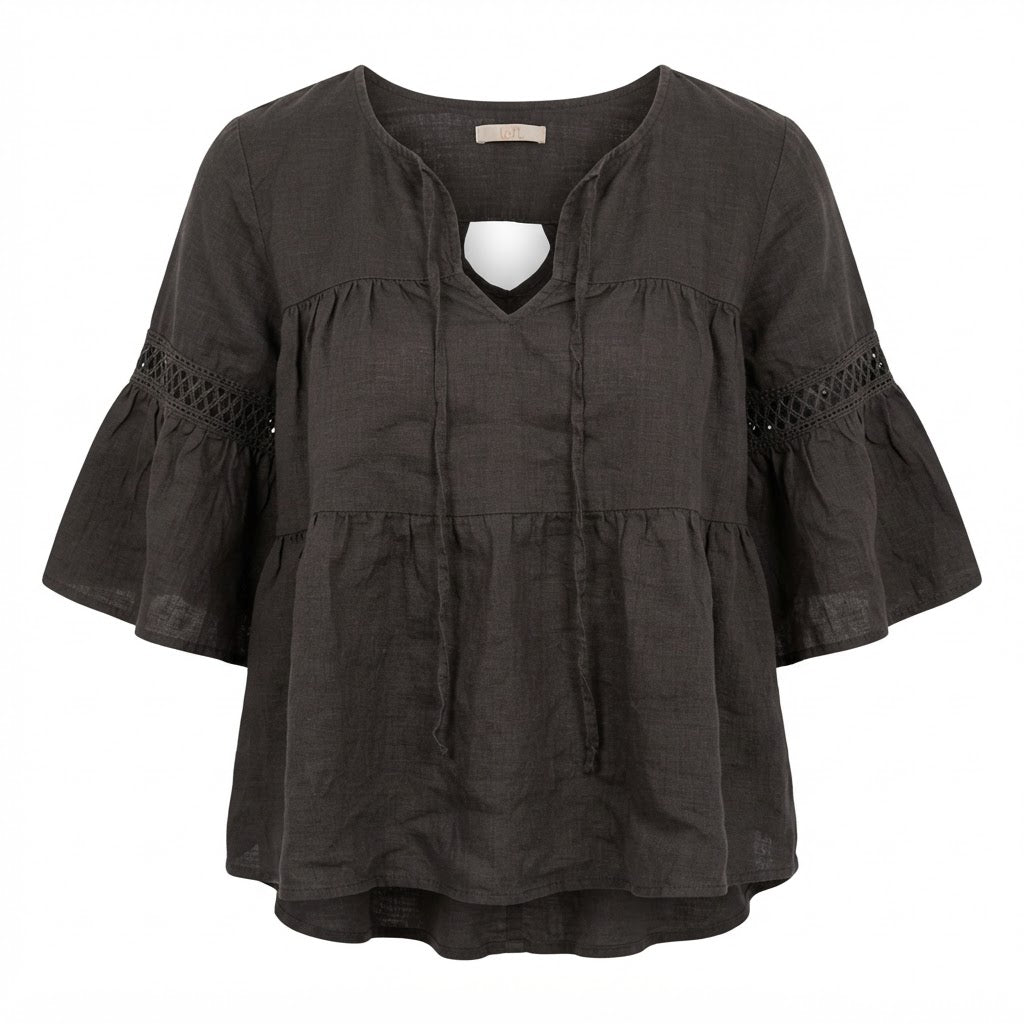 Women's Black Bohemian Linen Blouse with Crochet Lace