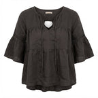 Women's Black Bohemian Linen Blouse with Crochet Lace