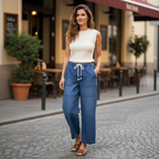 Women's Wide-Leg Blue Denim Drawstring Pants