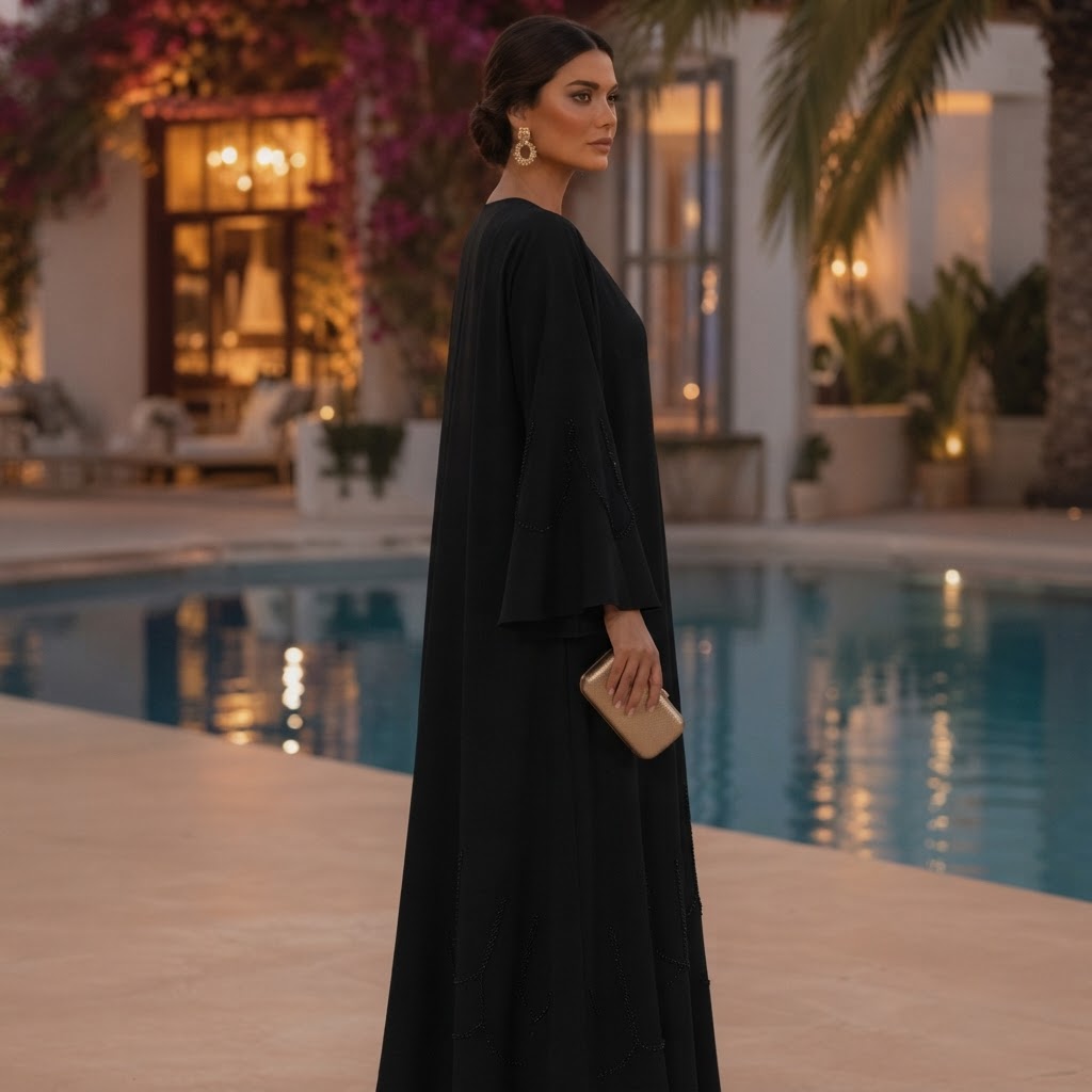SHADER Deep Navy Black Crepe Abaya with Beaded Butterfly Cuf