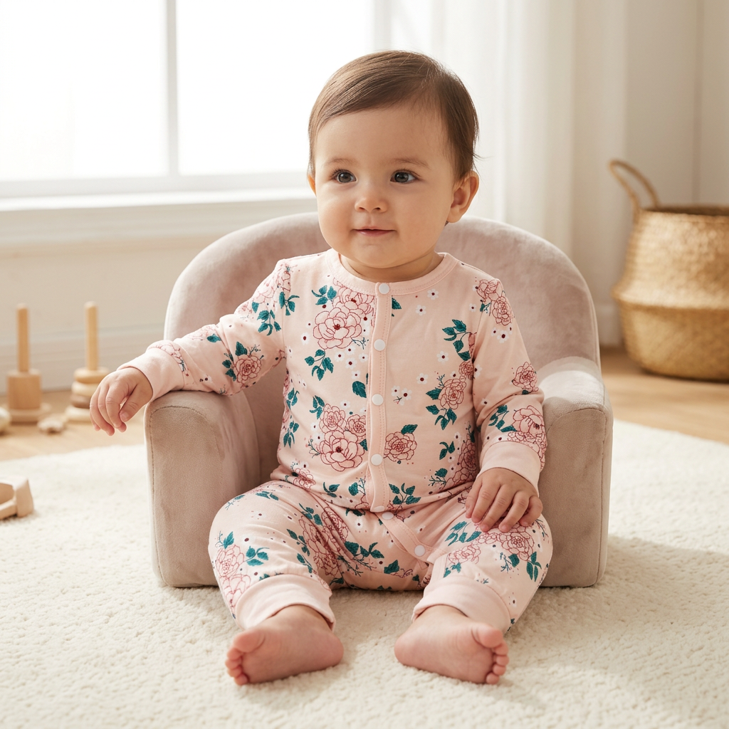 SHEIN Pale Blush Pink Floral Long-Sleeve Baby Romper