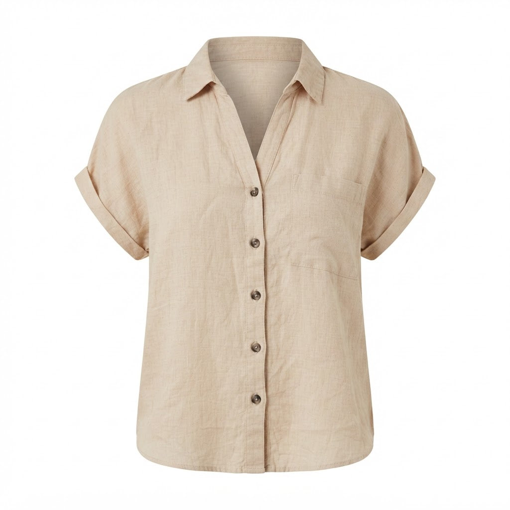 dotti. Women's Beige Relaxed Short-Sleeve Linen Blend Shirt