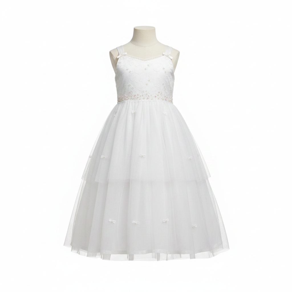 ABEILLE Kids White Embroidered Tulle Party Dress with Bows