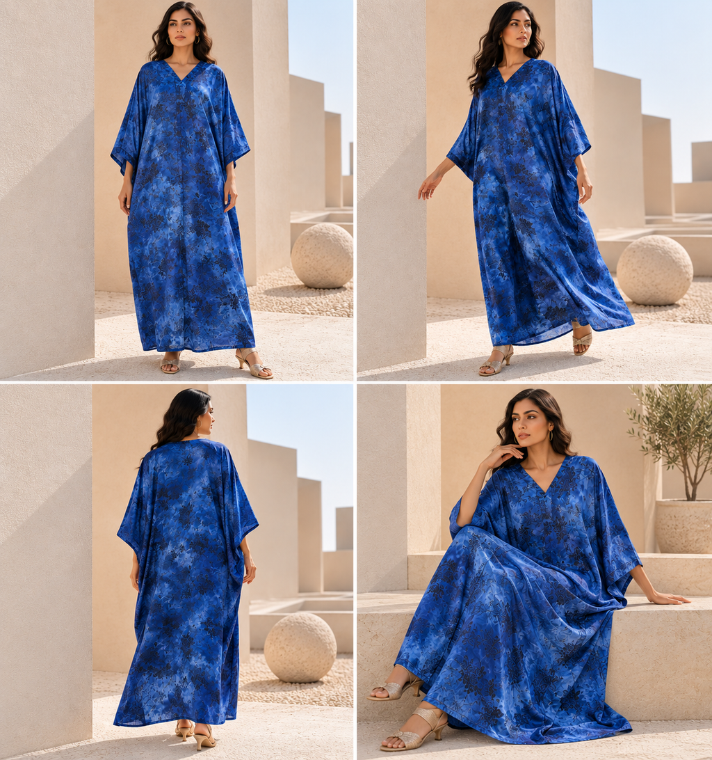 Women's Blue Floral Marbled Satin Ankle-Length Kaftan