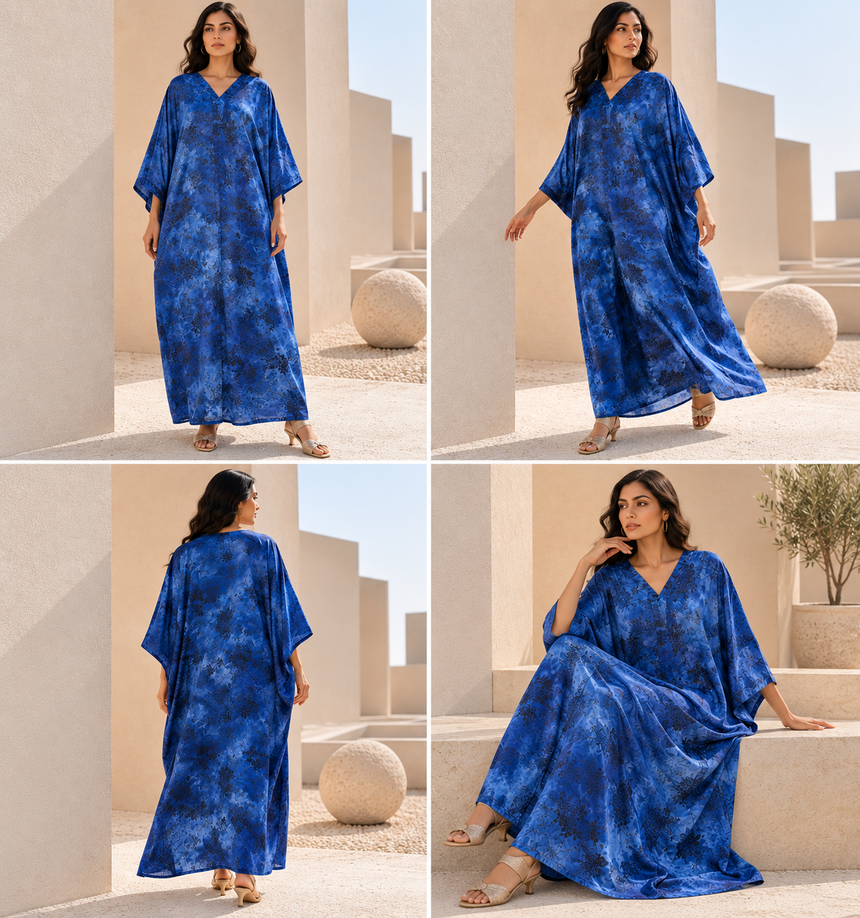 Women's Blue Floral Marbled Satin Ankle-Length Kaftan